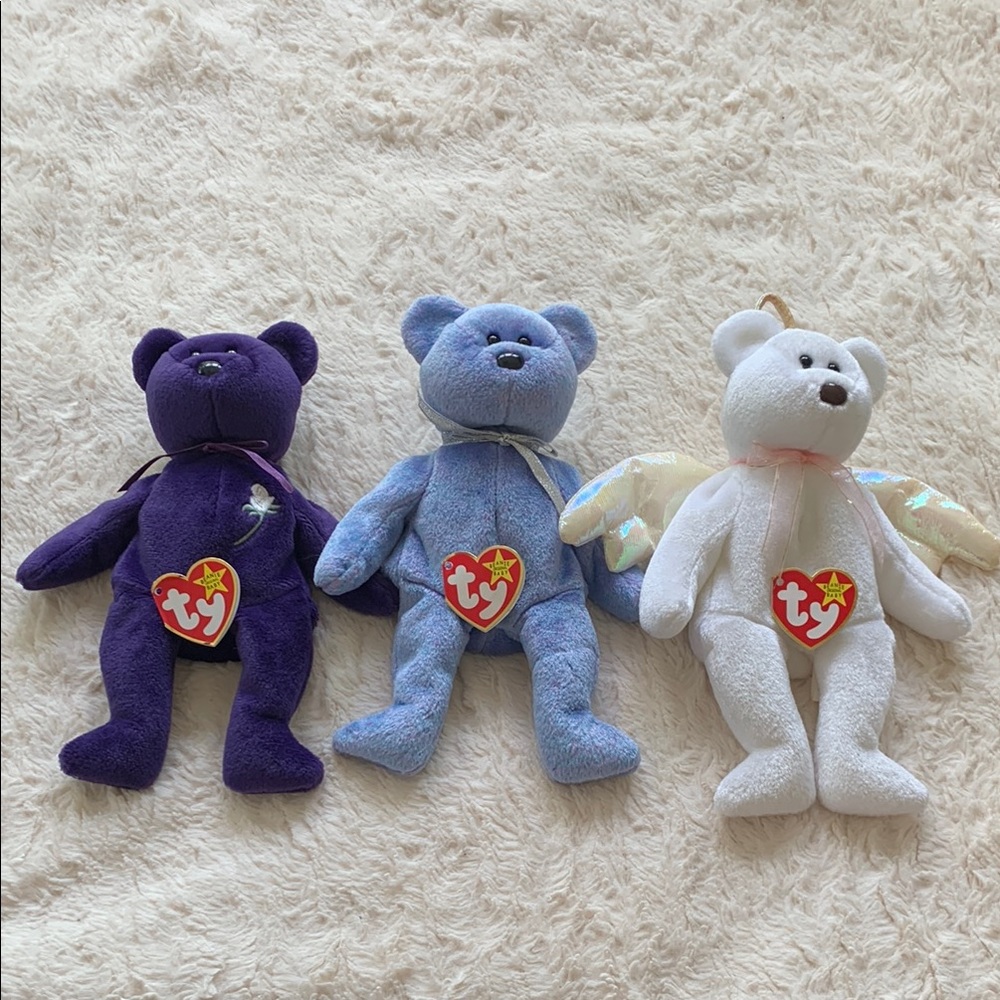 Ty Plush Bears Set - Purple, Light Blue, White Angel